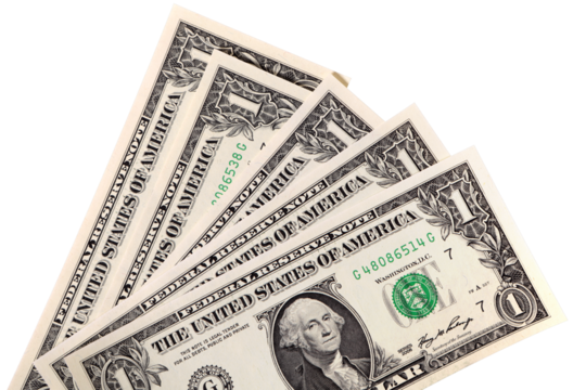 American one dollar currency bills fan shape several isolated transparent background photo PNG file