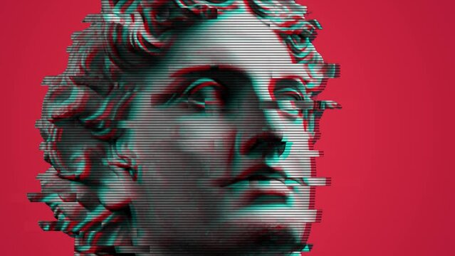 Modern creative concept video 4K with colored graphic sculpture. GIF animation with antique statue head in glitch style. Contemporary stop motion art. Funky design. Fashion aesthetic culture. Collage.