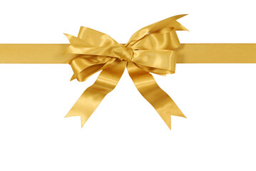 Horizontal gold gift bow ribbon banner straight isolated transparent background photo PNG file