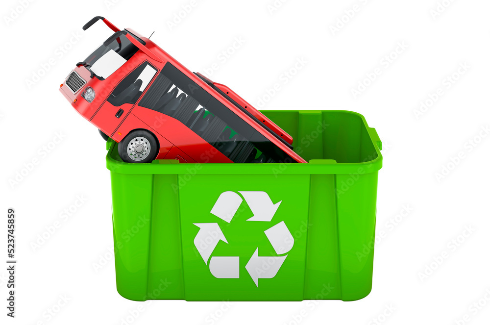 Poster recycling trashcan with bus, 3d rendering