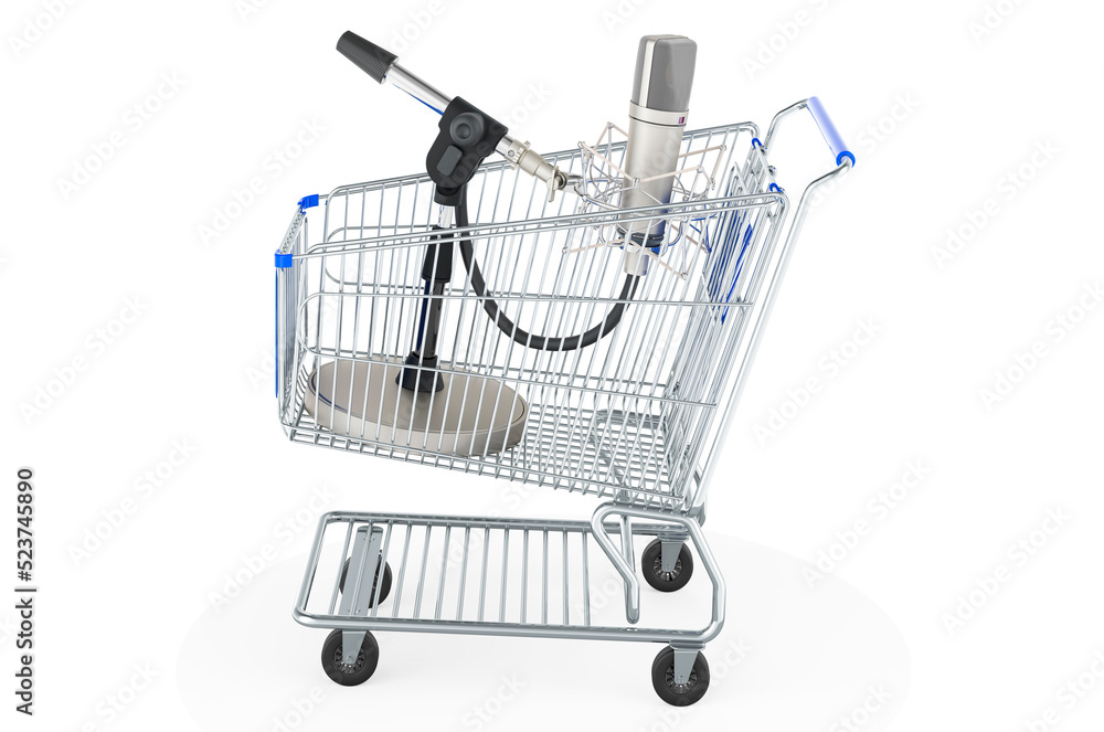 Poster shopping cart with studio microphone, 3d rendering