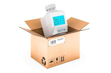 Digital radiator thermostatic valve inside cardboard box, delivery concept. 3D rendering