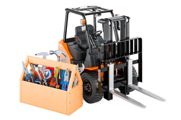 Forklift truck with tool box. Service and repair of forklift trucks, 3D rendering © alexlmx