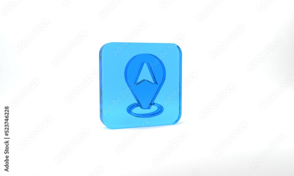 Poster blue map pointer with taxi car icon isolated on grey background. location symbol. glass square butto