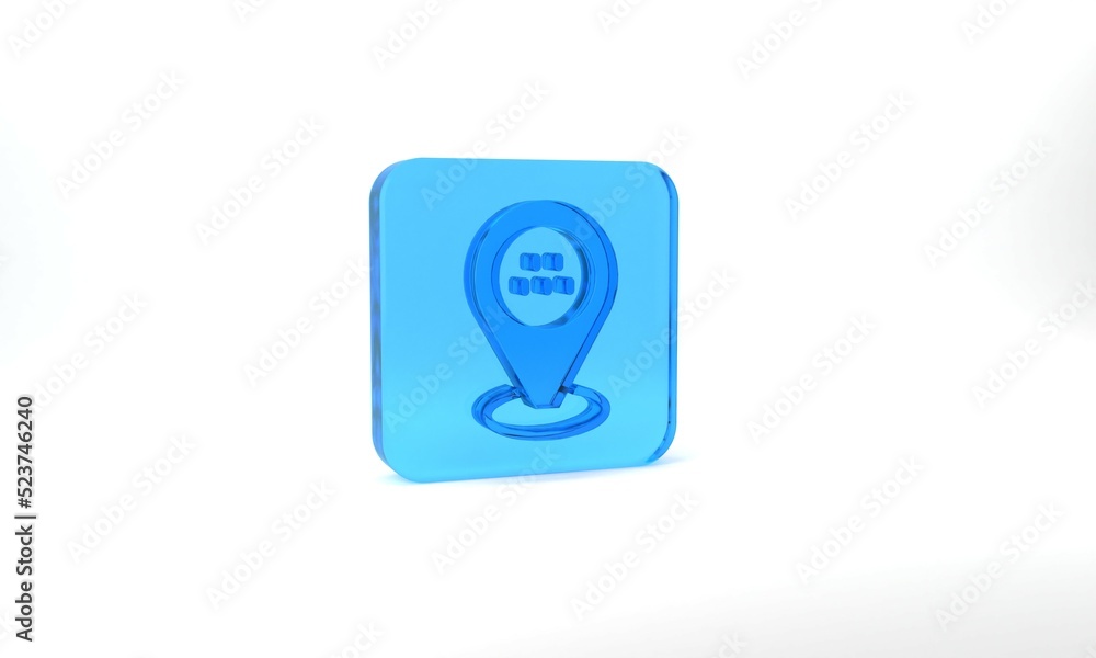 Poster blue map pointer with taxi car icon isolated on grey background. location symbol. glass square butto