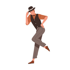 Naklejka premium Man dancing charleston at 1920s Chicago party. Broadway dancer of 20s America. Elegant person with retro hat tip movement, swinging to jazz. Flat vector illustration isolated on white background