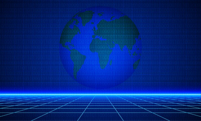 AI text with neon line on binary code and world map background. science fiction matrix. Artificial intelligence abstract template. Concept of Technology, Engineering, Learning, Business illustration.