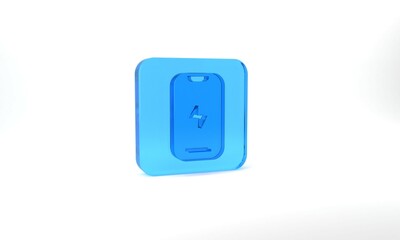 Blue Smartphone, mobile phone icon isolated on grey background. Glass square button. 3d illustration 3D render