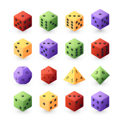 Board game dice. Role playing different sided game dice collection, family gaming and casino gambling pieces of various shapes. Vector polyhedral dices isolated set. Colorful realistic cubes with dots