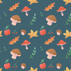 Vector seamless colorful autumn natural pattern with leaves, mushrooms and apple on a blue background. Perfect for wallpaper, textile design.