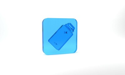 Blue Battery charge level indicator icon isolated on grey background. Glass square button. 3d illustration 3D render