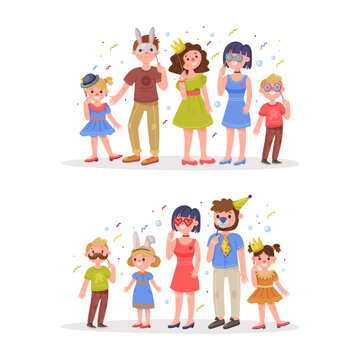 Set of happy families in carnival masks. Parents and kids having fun at carnival photo booth party cartoon vector illustration