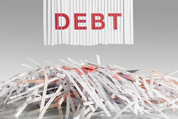 Shredded red DEBT letters above Cut up credit cards on Shredded Bills and Bank Statements