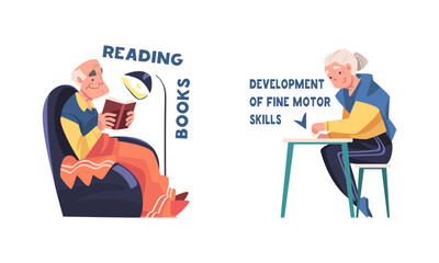 Dementia disease prevention tips set. Reading books and development of fine motor skills cartoon vector illustration