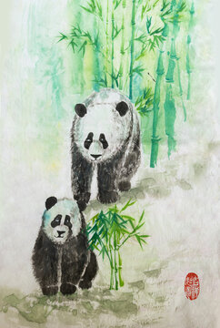 Bamboo Forest with the pandas. Drawing by hand. China stamp with text: "Be as lucky as desired. Illustration".