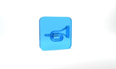 Blue Musical instrument trumpet icon isolated on grey background. Glass square button. 3d illustration 3D render