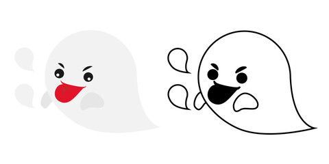 Cartoon cute little ghost flying with tongue out expression. Halloween character. Set of colored and line art. Isolated by white background, flat design, EPS10 vector