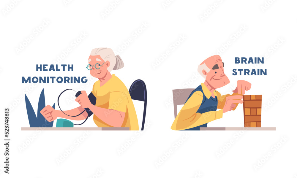 Sticker Dementia disease prevention tips set. Health monitoring and brain strain cartoon vector illustration