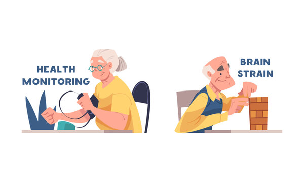 Dementia disease prevention tips set. Health monitoring and brain strain cartoon vector illustration