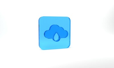 Blue Cloud with rain icon isolated on grey background. Rain cloud precipitation with rain drops. Glass square button. 3d illustration 3D render