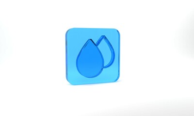 Blue Water drop icon isolated on grey background. Glass square button. 3d illustration 3D render