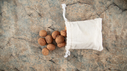 Top view walnuts on marble table
