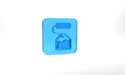 Blue Tea bag icon isolated on grey background. Glass square button. 3d illustration 3D render