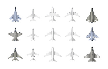 Civil and military aircraft top view. Cartoon jet fighters and civil aviation cargo and passenger airplanes, monoplanes and biplanes top view of plane models. Vector set. Transportation and logistic