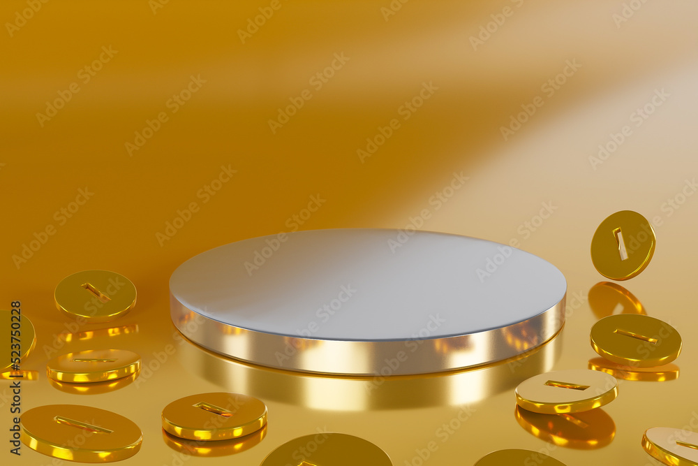 Poster 3d rendering empty gold cylinder podium on golden background. abstract minimal studio 3d geometric s