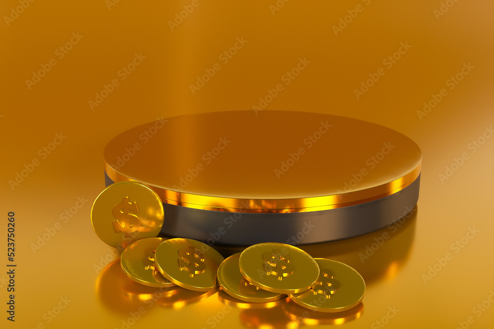 Poster 3d rendering empty gold cylinder podium on golden background. abstract minimal studio 3d geometric s