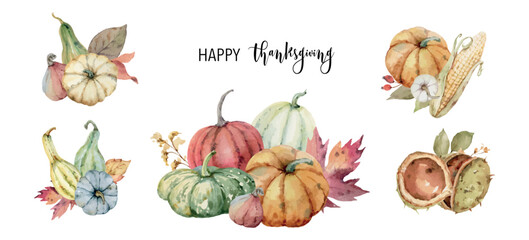 Watercolor vector set of autumn bouquets with pumpkins, leaves and branches..