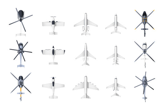 Planes and helicopters top view. Cartoon military and civil aviation aircraft, passenger and cargo airplane and helicopter models collection. Vector set. Flying vehicles for logistic