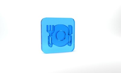 Blue Plate, fork and knife icon isolated on grey background. Cutlery symbol. Restaurant sign. Glass square button. 3d illustration 3D render