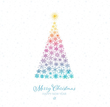 Christmas greeting card with magic rainbow christmas tree and snowflakes on white background. Design template with winter holidays illustration.