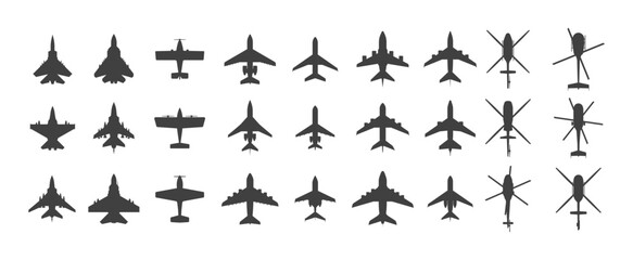 Black airplanes top view. Military jet fighter and civil aviation cargo and passenger planes silhouette icons aerial view. Vector overhead look of airplane set. Small and large flying vehicles