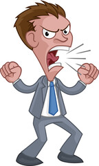An angry boss or business man office worker cartoon character in a suit shouting, yelling or screaming 