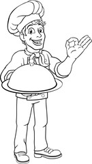 A chef cook man cartoon character giving a perfect or okay chefs hand sign and holding a domed cloche food tray.