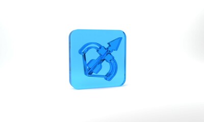 Blue Medieval bow and arrow icon isolated on grey background. Medieval weapon. Glass square button. 3d illustration 3D render