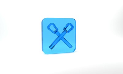 Blue Burning match with fire icon isolated on grey background. Match with fire. Matches sign. Glass square button. 3d illustration 3D render