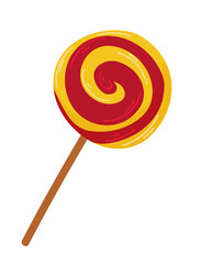 Bright colored lollipop. Sweet dessert for kids. Candy on a stick. Red and yellow colors