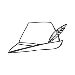 Oktoberfest 2022 - Beer Festival. Hand-drawn Doodle outline hat with a feather on a white background. German Traditional holiday.