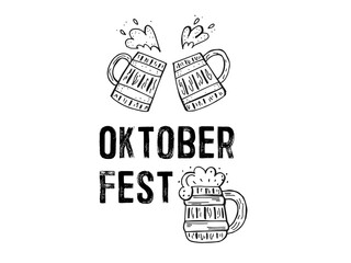 Oktoberfest 2022 - Beer Festival. Hand-drawn set of Doodle Elements. German Traditional holiday. Outline of wooden beer mugs with lettering on a white background.
