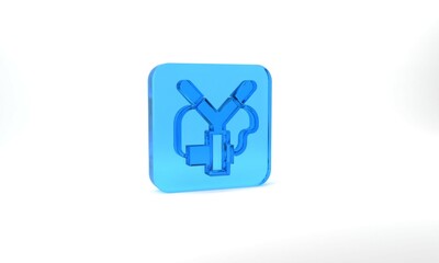 Blue Slingshot icon isolated on grey background. Glass square button. 3d illustration 3D render