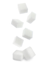 Flying cubes of sugar on white background