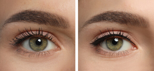 Collage with photos of young woman before and after getting permanent eyeliner makeup, closeup....