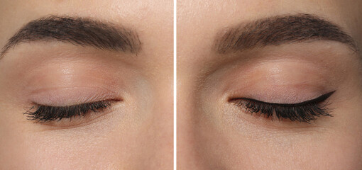 Collage with photos of young woman before and after getting permanent eyeliner makeup, closeup....