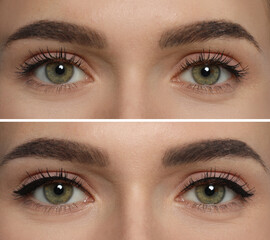 Collage with photos of young woman before and after getting permanent eyeliner makeup, closeup