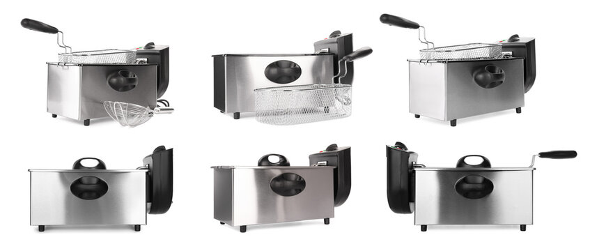 Set with modern deep fryers on white background. Banner design