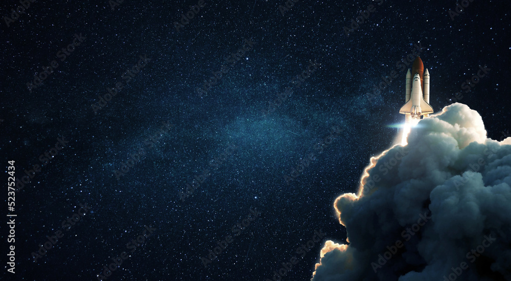 Poster new space shuttle rocket with smoke and blastoff successfully lift off into stellar outer space. spa