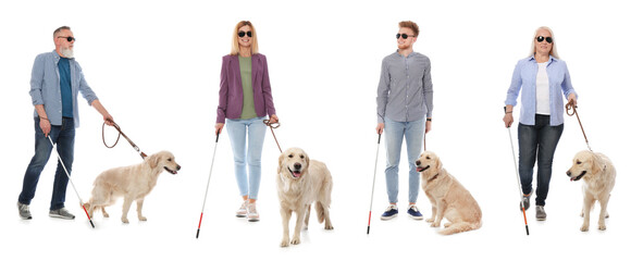 Blind people with long canes and guide dogs on white background. Banner design